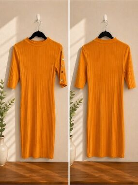 Ribbed Crewneck Midi Dress in Mustard